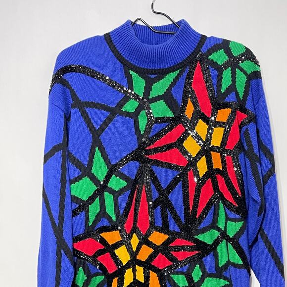 Knit Sweater Women's Medium Blue Church Stained Glass 80s Vintage Art To Wear - Picture 8 of 15